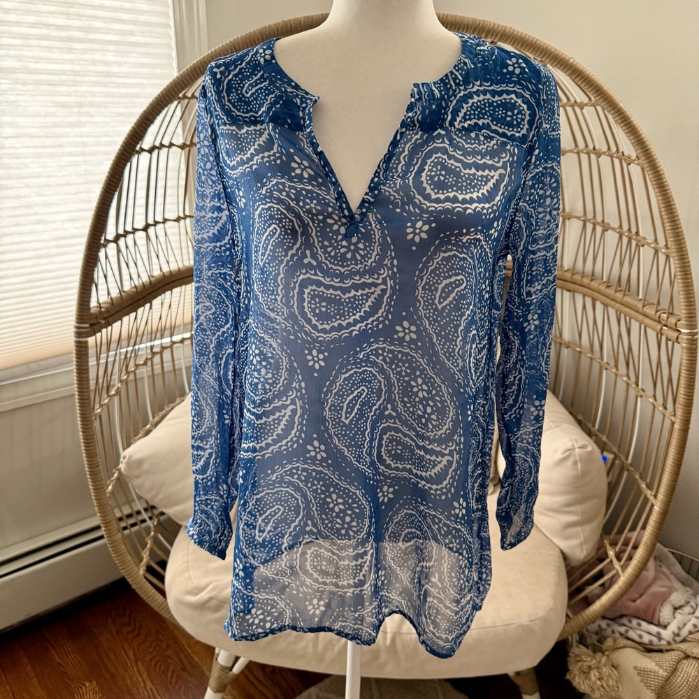 Anthro Dolma Blue Medallion Paisley Tunic Blouse Sheer Boho Large